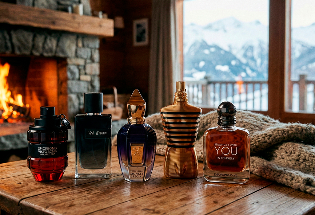 Five winter fragrance bottles on wooden table by fireplace, snowy mountains outside window