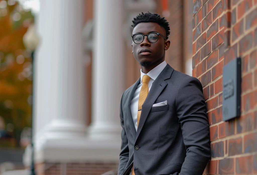 student in a stylish suit standing outside school