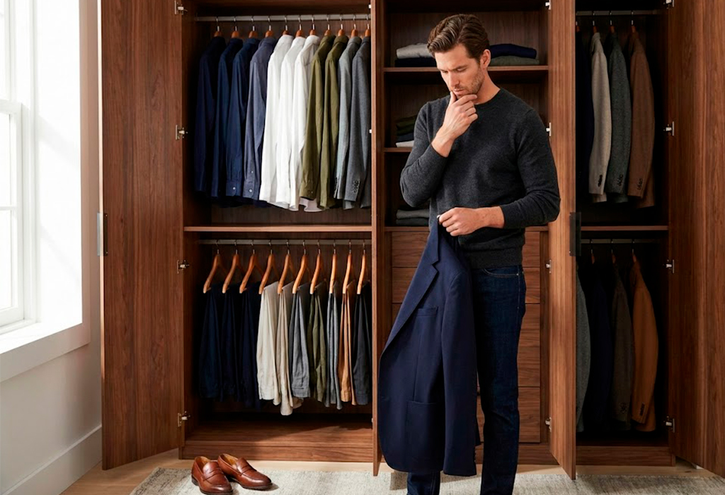 Photorealistic image of a man standing in front of his open wardrobe, thoughtfully choosing an outfit. The closet is neatly organized with shirts, jackets, and trousers in classic colors like navy, white, and olive. Soft natural light highlights the fabrics and wood textures, capturing a calm, intentional moment of getting dressed.