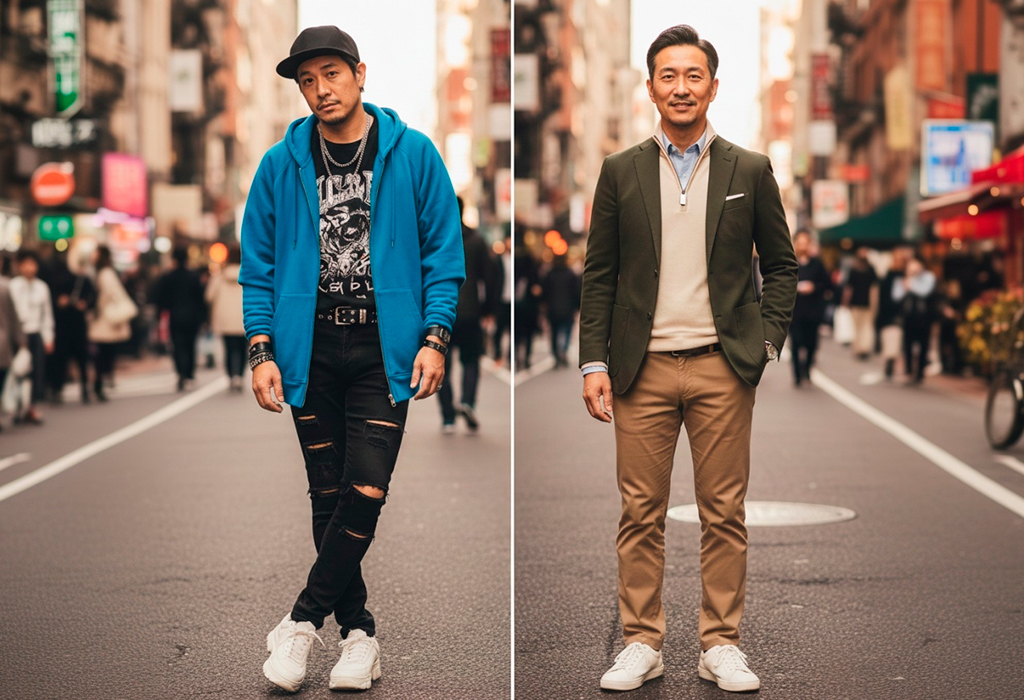 Before-after of Asian man swapping ripped jeans and hoodie for blazer, zip sweater, and chinos.