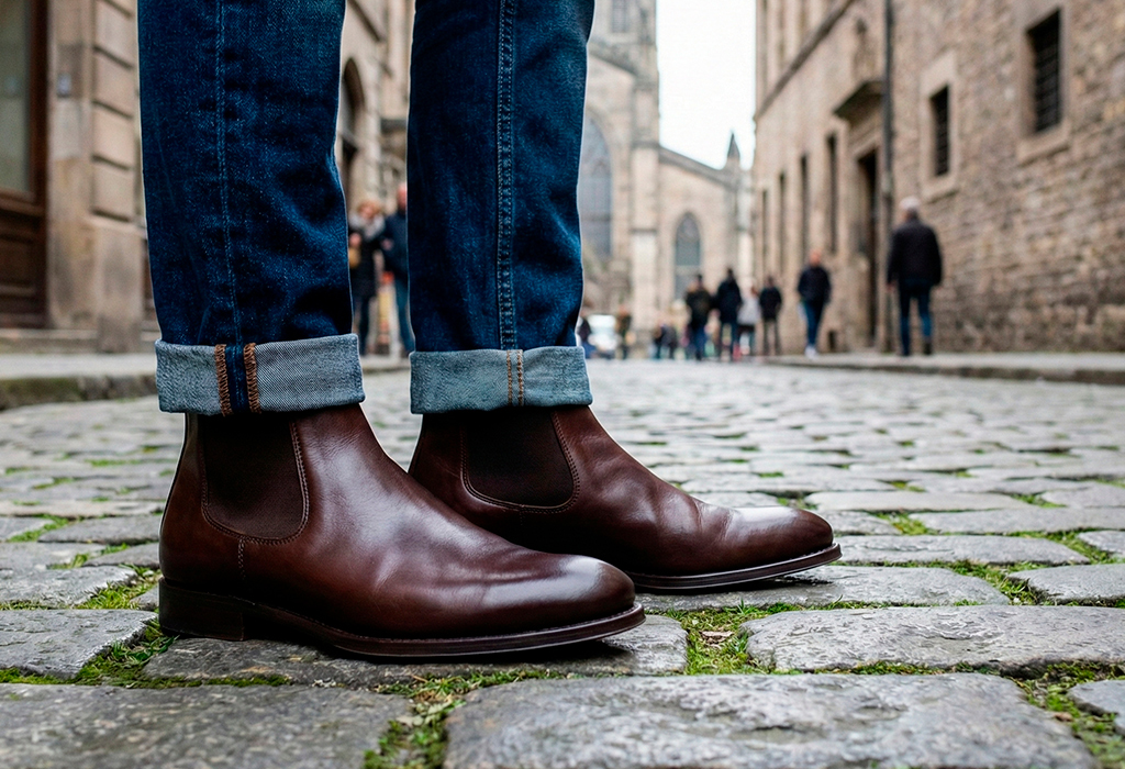 Brown Chelsea boots with cuffed dark jeans on a cobblestone street