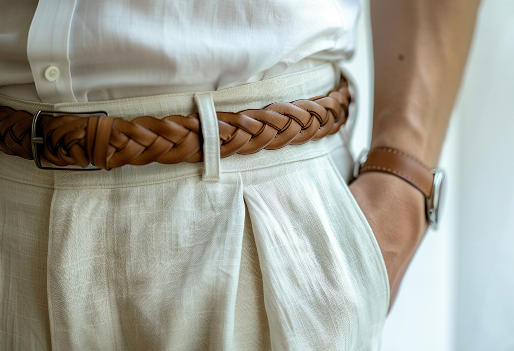 Close-up of a men's brown braided leather belt paired with pleated cream linen trousers and a white shirt, ideal for stylish summer outfits
