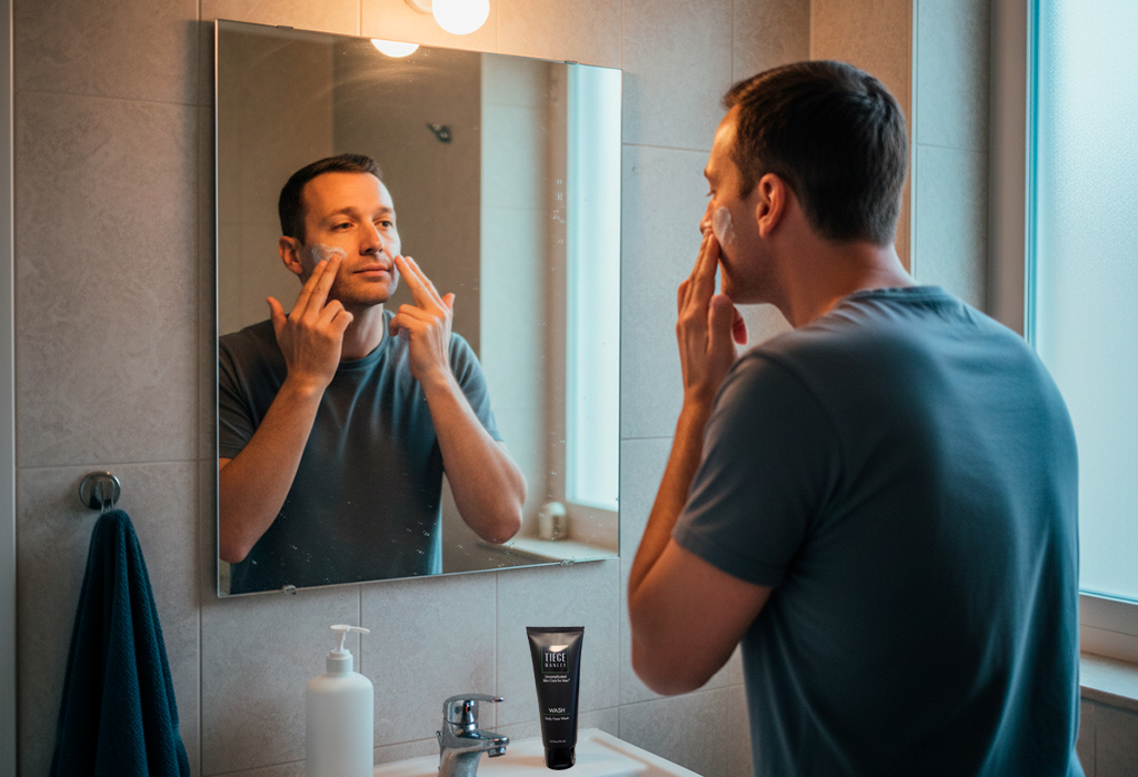 Man standing in front of mirror applying Tiege Hanley moisturizer after cleansing