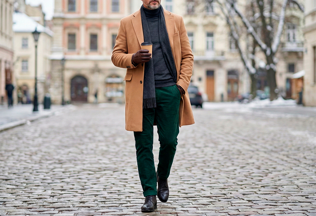 man with cup of coffee wearing camel overcoat with charcoal turtleneck, forest-green trousers, dark scarf, and leather boots