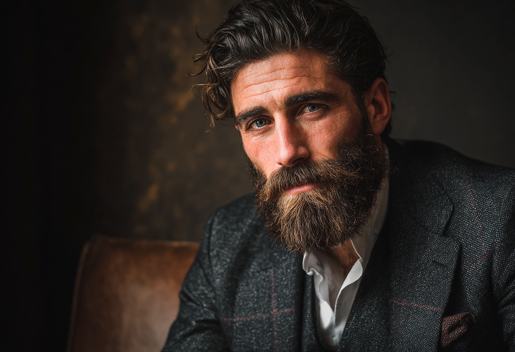 Confident stylish man in suit showcasing powerful full beard.