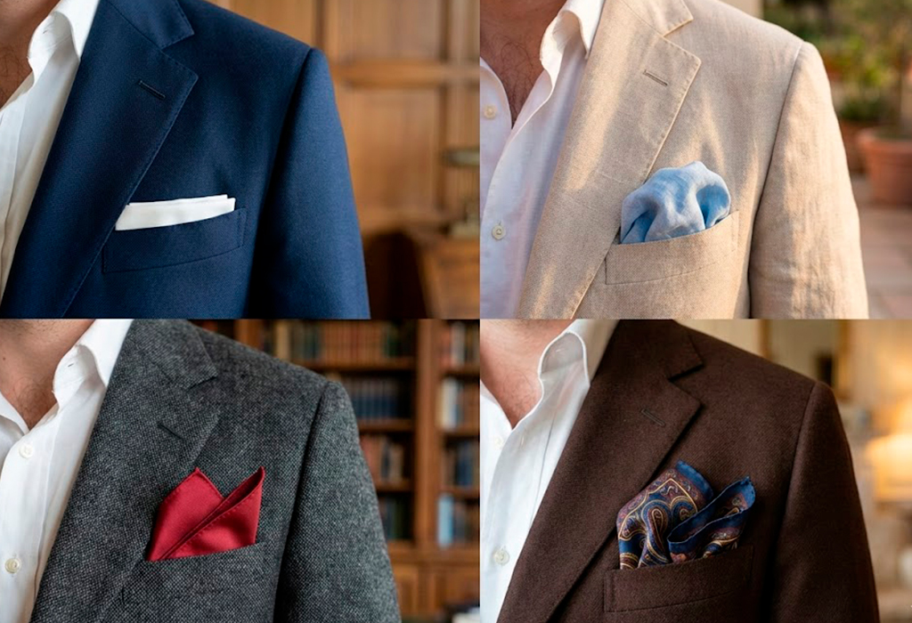 Four pocket square styles displayed in suits: presidential, puff, two-point, and Dunaway folds, showing different fabrics and colors.