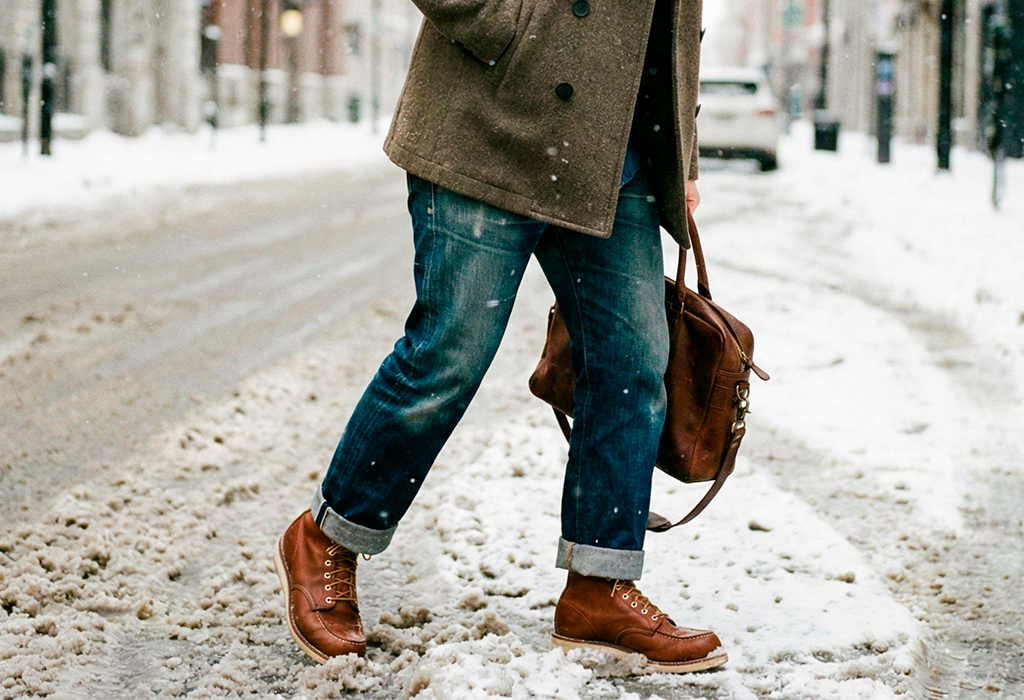 Man walking through snowy street wearing cuffed jeans and brown leather work boots