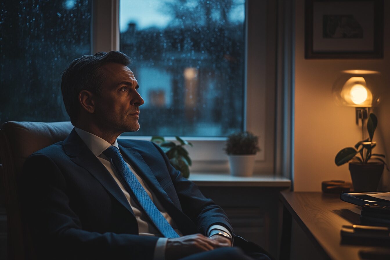 middle-aged man in business attire sitting alone in a dimly lit home office staring at wall