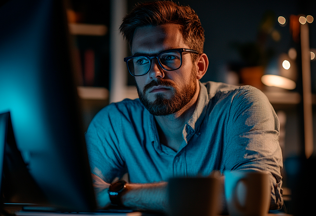 man working with his computer at the office late he is concentrated and tired 