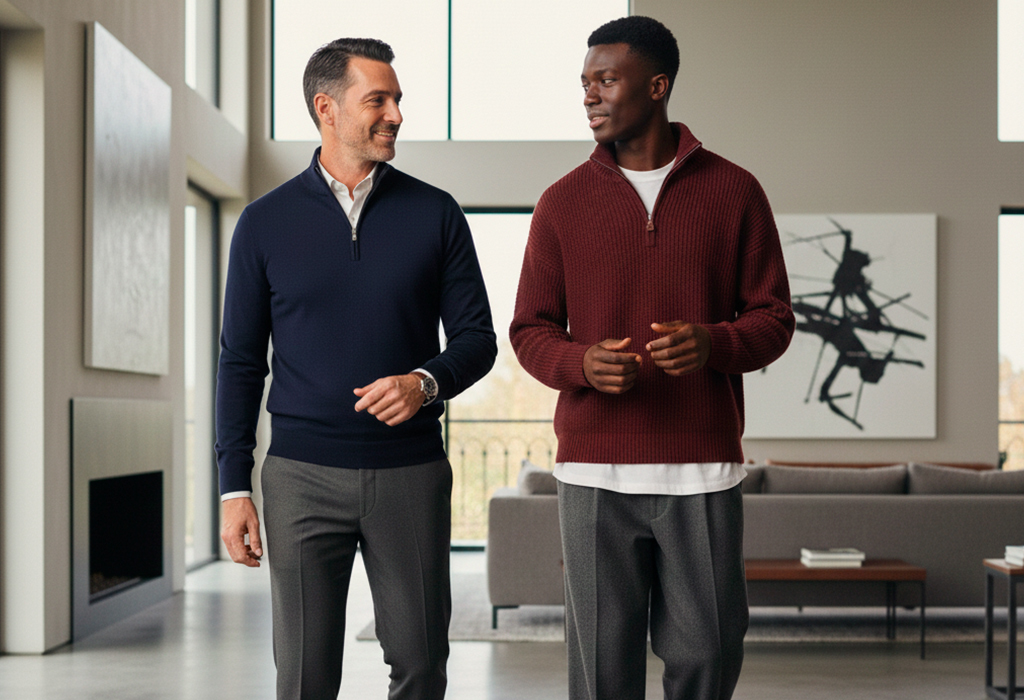 Two men in quarter zip sweaters chatting in modern living room, dressed smart casual