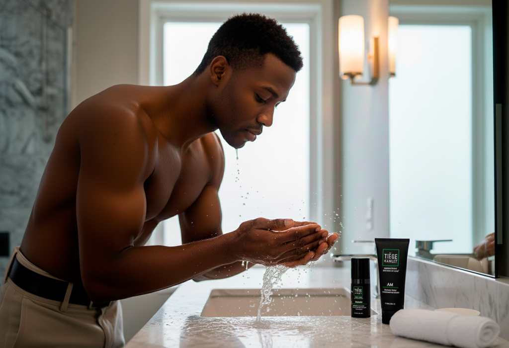 Man washing face at bathroom sink using Tiege Hanley products as part of skincare routine