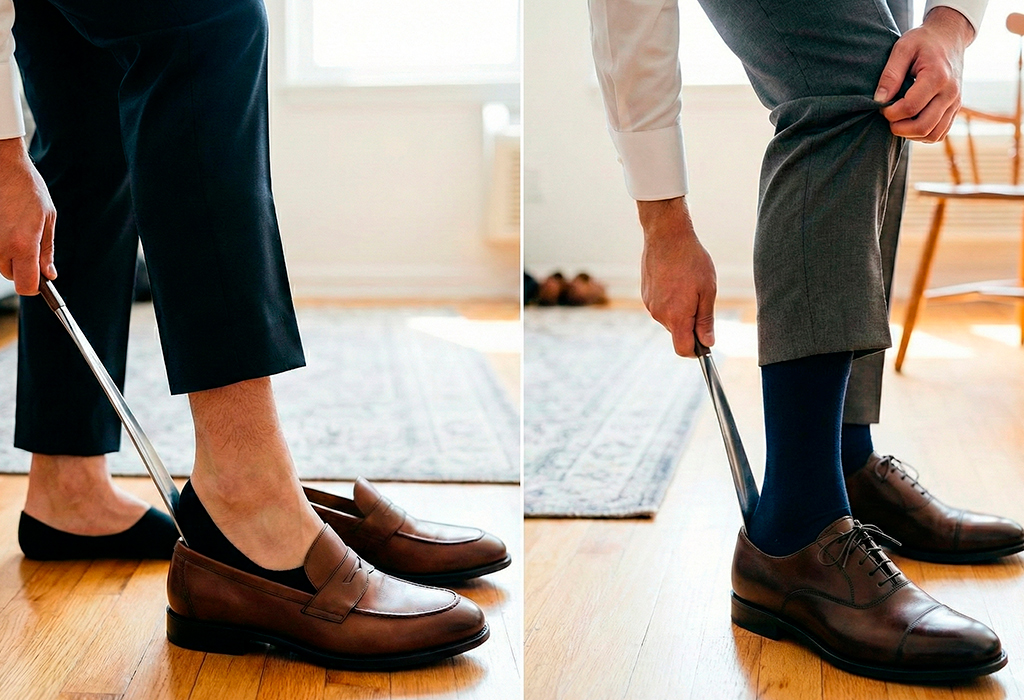 Side-by-side: loafers with no-show socks versus dress shoes with longer dark socks indoors.